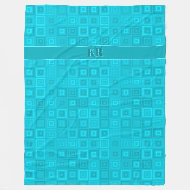 Teal blue-green squares pattern with your intials fleece blanket (Front)