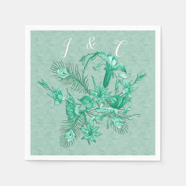 Teal Blue - Green textured background with flowers Napkin (Front)