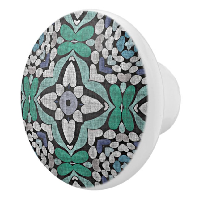 Teal Blue Green Turquoise Floral Ethnic Tribe Art Ceramic Knob (Right)