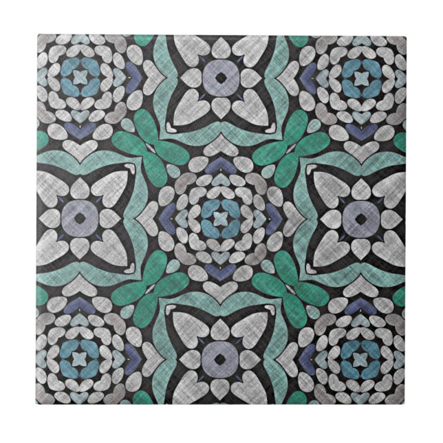 Teal Blue Green Turquoise Floral Ethnic Tribe Art Tile (Front)