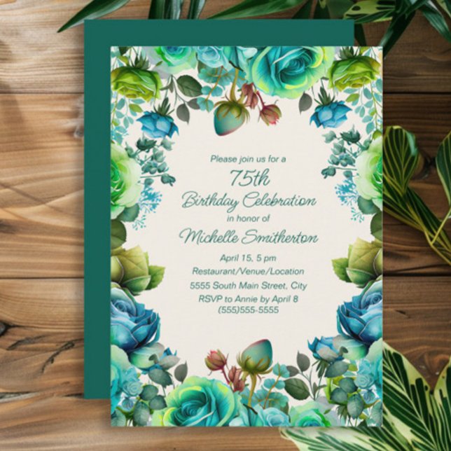 Teal Blue Green Watercolor Floral 75th Birthday Invitation (Lime green, teal, and blue watercolor floral women's 75th birthday party invitation)