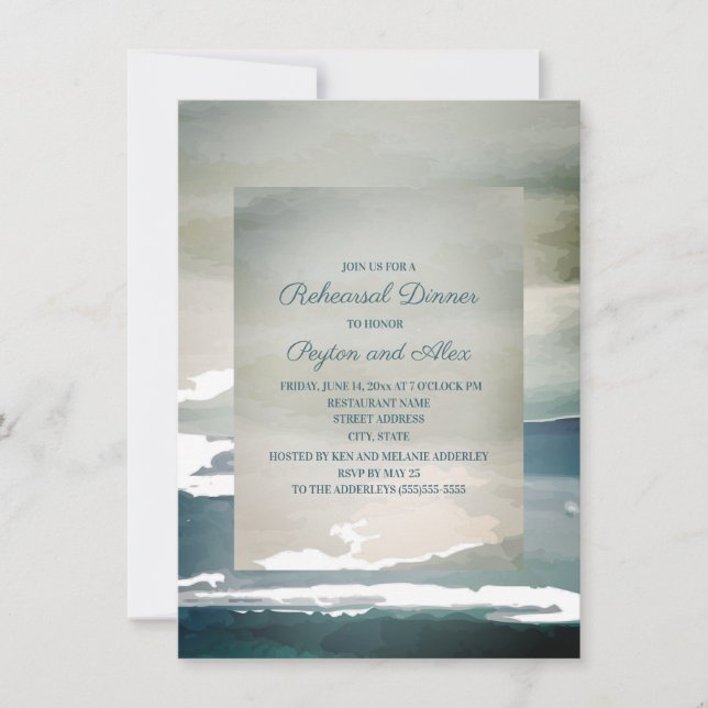 Teal Blue Green Watercolor Rehearsal Dinner Invitation (Front)