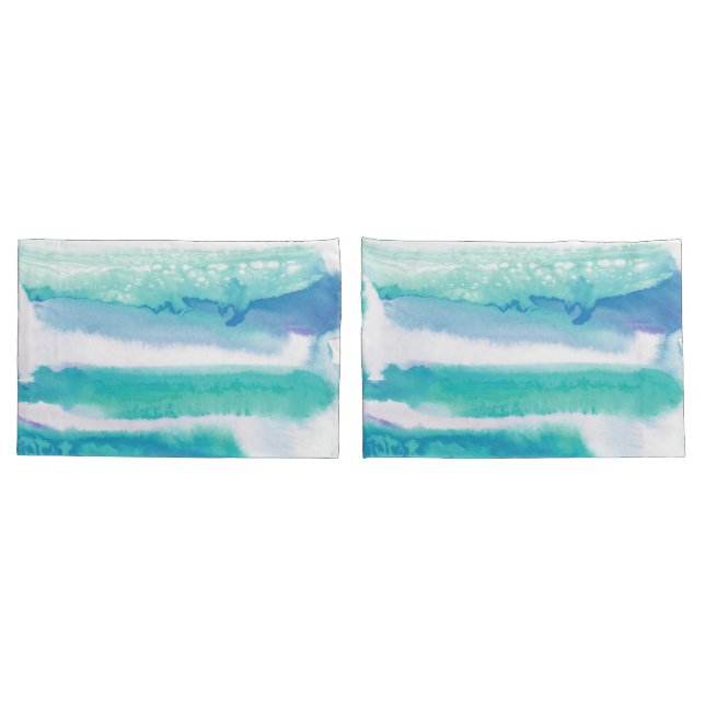 Teal Blue Green Watercolor Stripes Pillowcase (Back-Set)