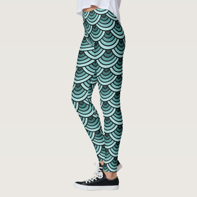 Teal Blue Green Wave Circles Art Pattern Leggings (Left)