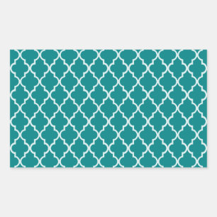 Teal Blue-Green White Moroccan Quatrefoil Pattern Rectangular Sticker
