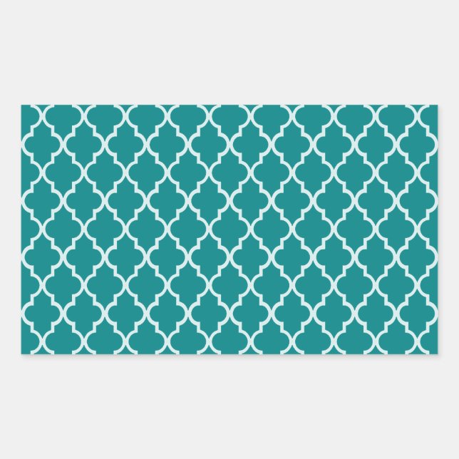 Teal Blue-Green White Moroccan Quatrefoil Pattern Rectangular Sticker (Front)