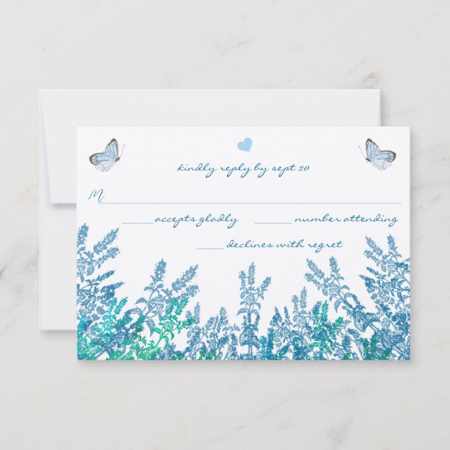 Teal Blue Green Wildflower Butterfly Wedding RSVP Card (Front)