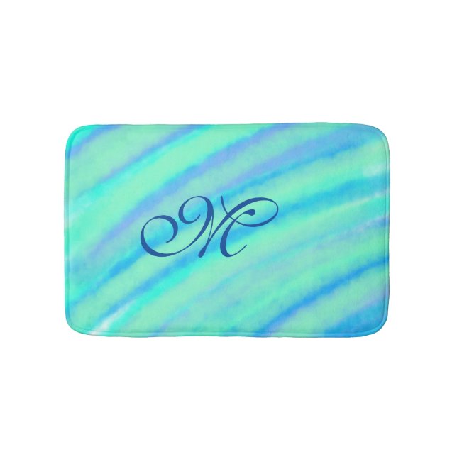 Teal blue greenwatercolor lines add your monogram  bath mat (Front)