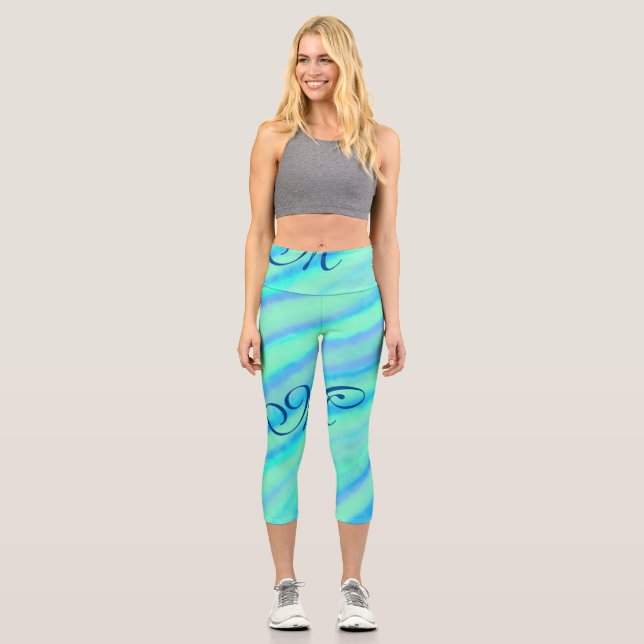 Teal blue greenwatercolor lines add your monogram  capri leggings (Front)