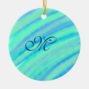 Teal blue greenwatercolor lines add your monogram ceramic tree decoration