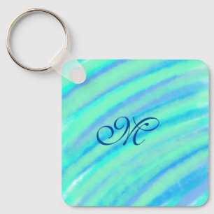 Teal blue greenwatercolor lines add your monogram key ring