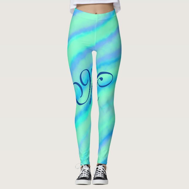 Teal blue greenwatercolor lines add your monogram  leggings (Front)