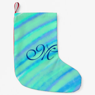 Teal blue greenwatercolor lines add your monogram small christmas stocking