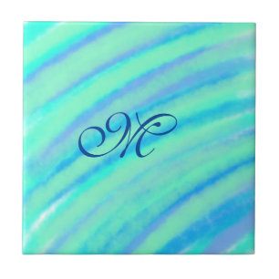 Teal blue greenwatercolor lines add your monogram tile