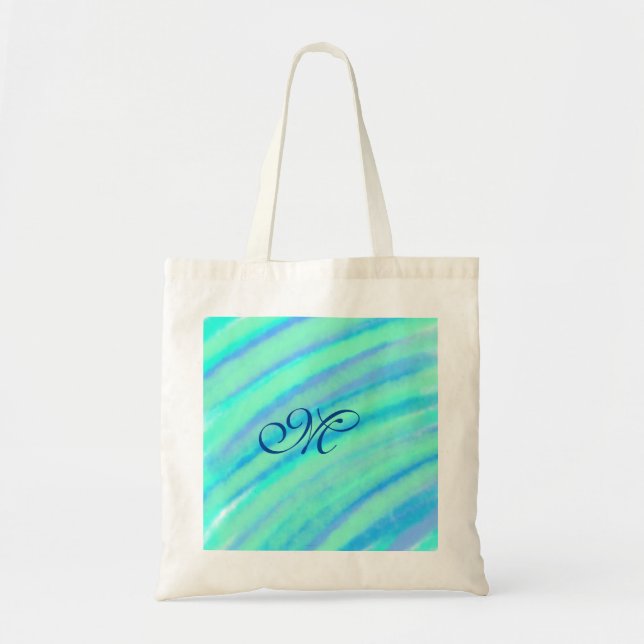 Teal blue greenwatercolor lines add your monogram  tote bag (Front)