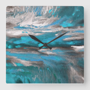 Teal Blue Grey Abstract Square Wall Clock