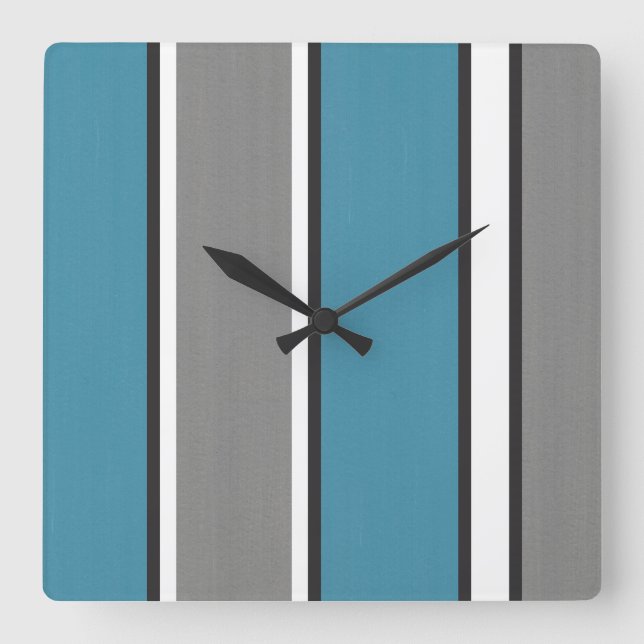 Teal Blue Grey and White Striped Modern Square Wall Clock (Front)