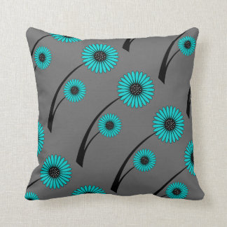 Teal Blue Grey Black Floral Flowers Cushion