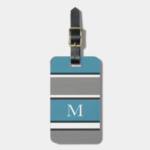 Teal Blue Grey Black White Stripes Modern Luggage Tag