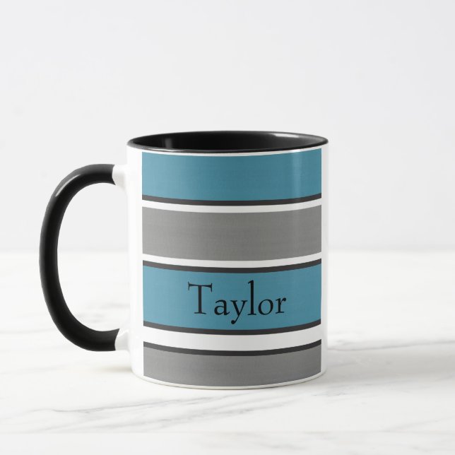 Teal Blue Grey Black White Stripes Modern Mug (Left)