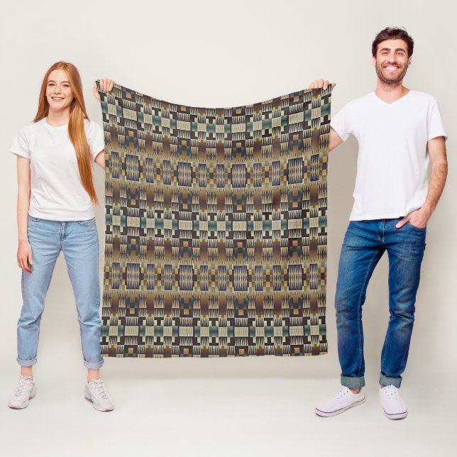 Teal Blue Grey Brown Rustic Cabin Mosaic Pattern Fleece Blanket (In Situ)
