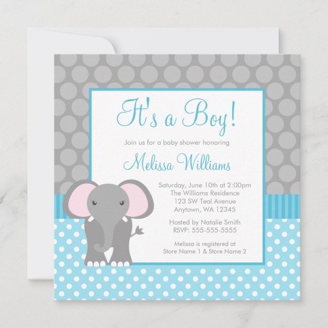 Teal Blue Grey Elephant Polka Dot Boy Baby Shower Invitation (Front)
