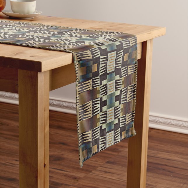 Teal Blue Grey Tan Taupe Brown Tribal Art Pattern Short Table Runner (In Situ)