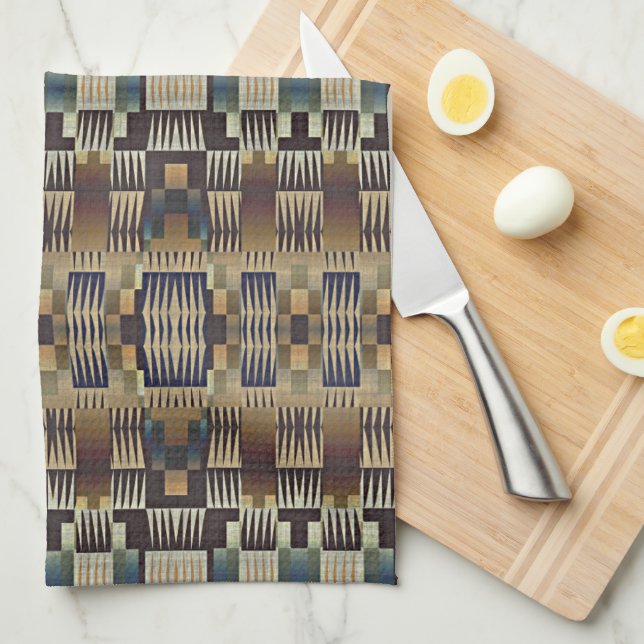 Teal Blue Grey Tan Taupe Brown Tribal Art Pattern Tea Towel (Quarter Fold)
