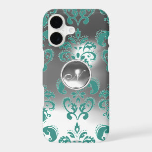 TEAL BLUE GREY WHITE DAMASK GEM MONOGRAM