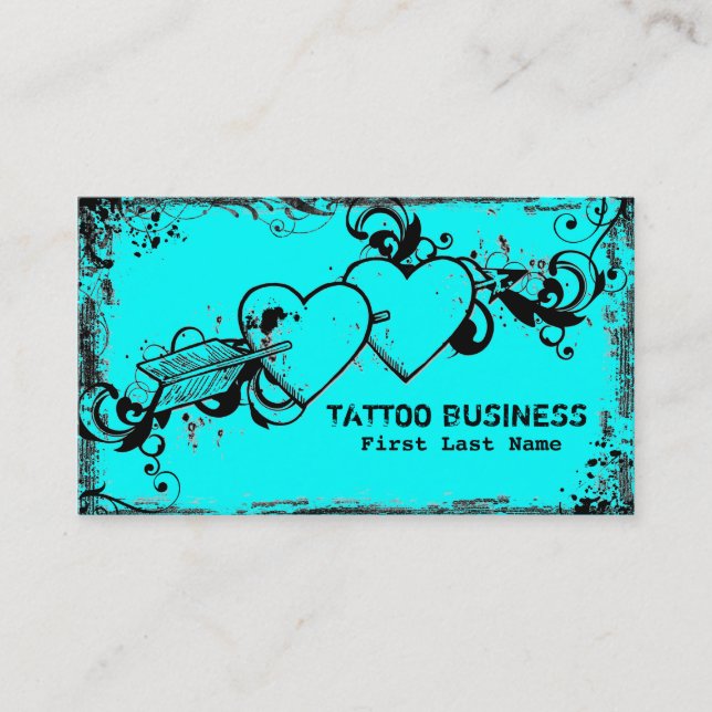 Teal blue grunge hearts tattoo business cards (Front)