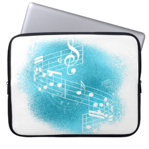 Teal Blue Grunge Musical Notes Background Laptop Sleeve