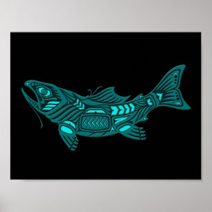 Teal Blue Haida Spirit Fish on Black Poster
