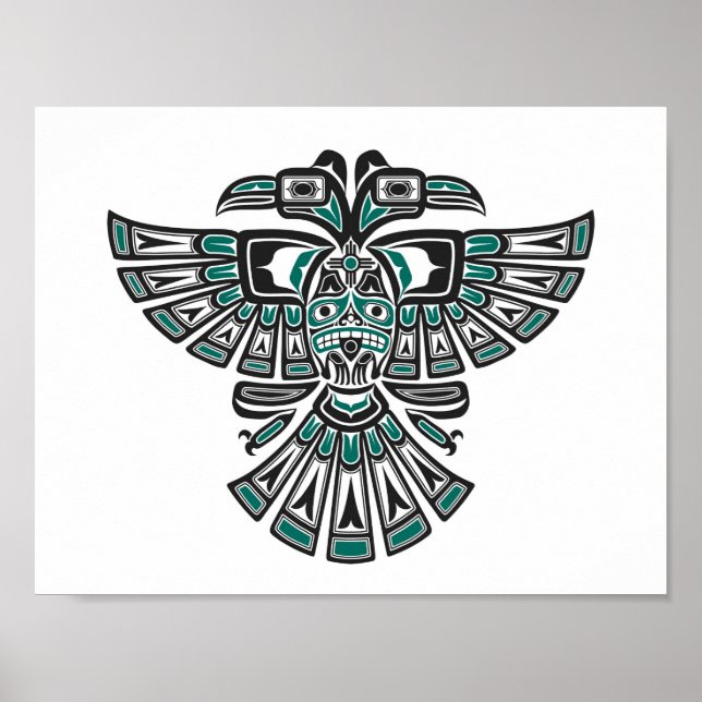 Teal Blue Haida Two Headed Spirit Bird on White Poster (Front)
