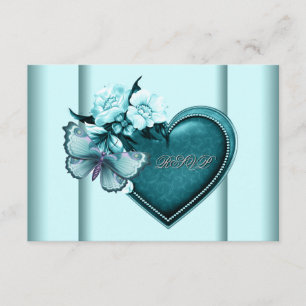 Teal Blue Heart Butterfly Teal Blue RSVP Card