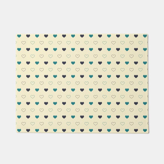 Teal & Blue Heart Pattern on Cream Background Doormat (Front)