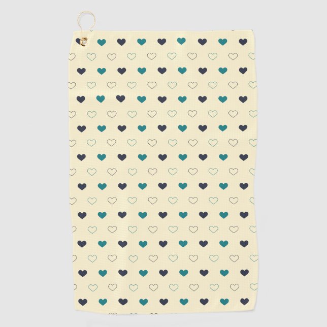 Teal & Blue Heart Pattern on Cream Background Golf Towel (Front)