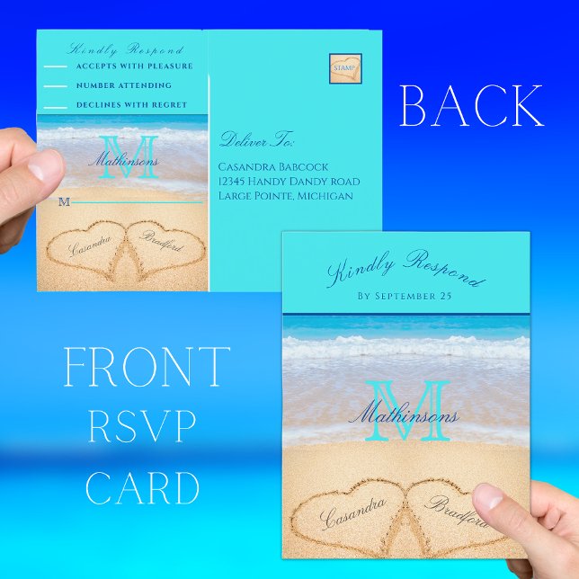 Teal Blue hearts in the sand Beach Wedding Postcar Postcard (Creator Uploaded)
