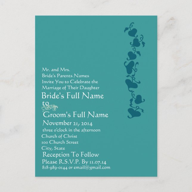 Teal Blue Hearts Wedding Invitation Postcard (Front)
