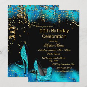 Teal Blue Heel Gold Feather glitter Birthday party Invitation