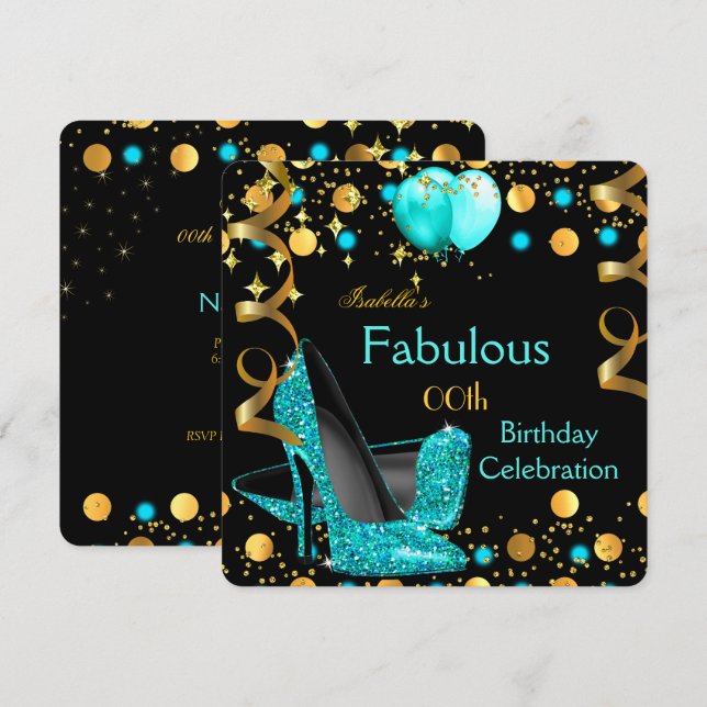 Teal Blue High Heels Gold Balloons Birthday Party Invitation (Front/Back)
