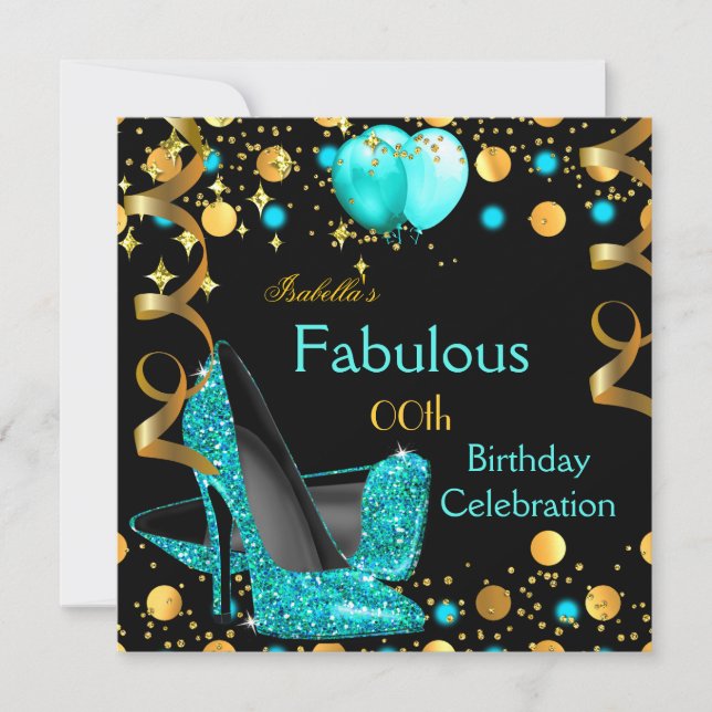 Teal Blue High Heels Gold Balloons Birthday Party Invitation (Front)