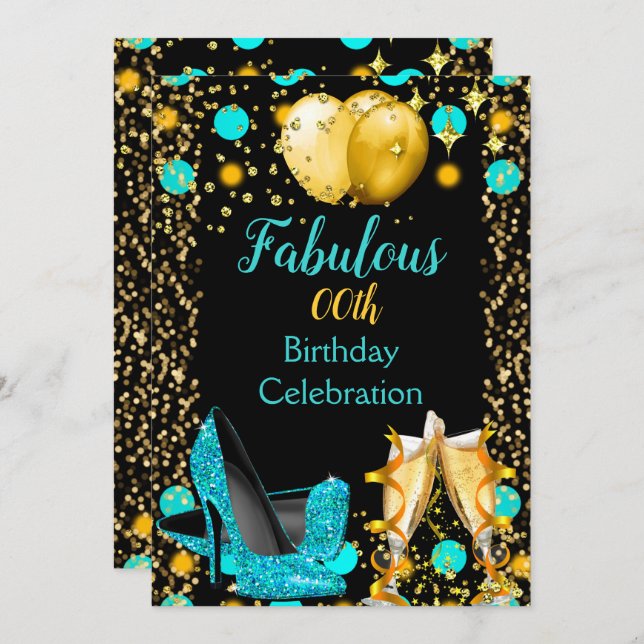 Teal blue High Heels Gold Balloons Champagne Party Invitation (Front/Back)