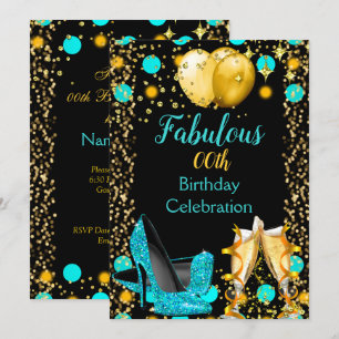 Teal blue High Heels Gold Balloons Champagne Party Invitation