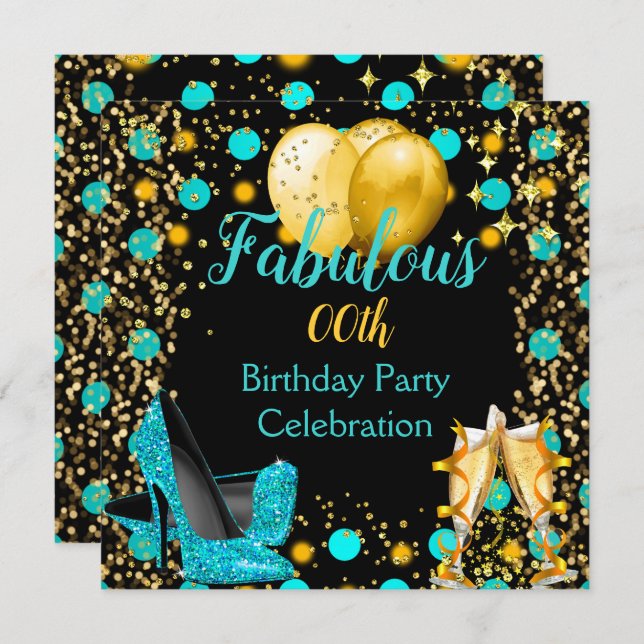 Teal blue High Heels Gold Balloons Champagne Party Invitation (Front/Back)