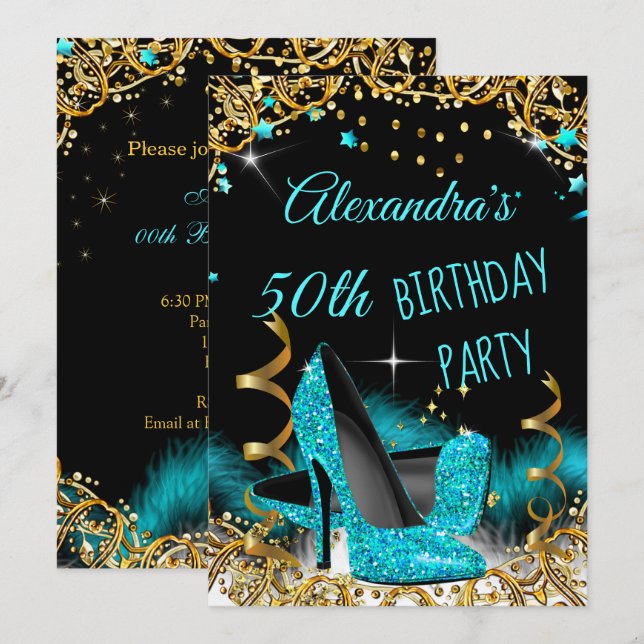 Teal Blue High Heels Gold Sparkle Birthday Party Invitation (Front/Back)