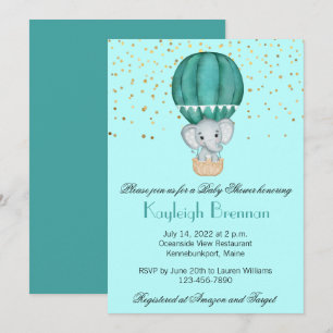 Teal Blue Hot Air Balloon Baby Boy Elephant Shower Invitation
