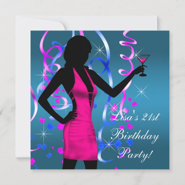 Teal Blue Hot Pink 21st Birthday Party Invitation (Front)