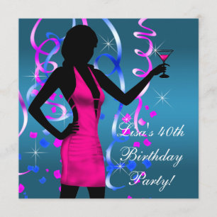 Teal Blue Hot Pink 40th Birthday Party Invitation