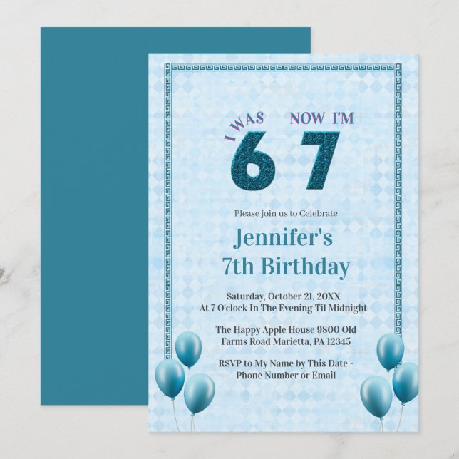 Teal  Blue I Was 6 Now 7 Birthday Invitation (Front/Back)