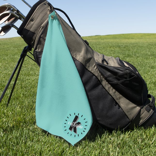 Teal Blue Initial Name Monogram Golf Towel (Cute Script Initial Name Monogram Golf Towel)